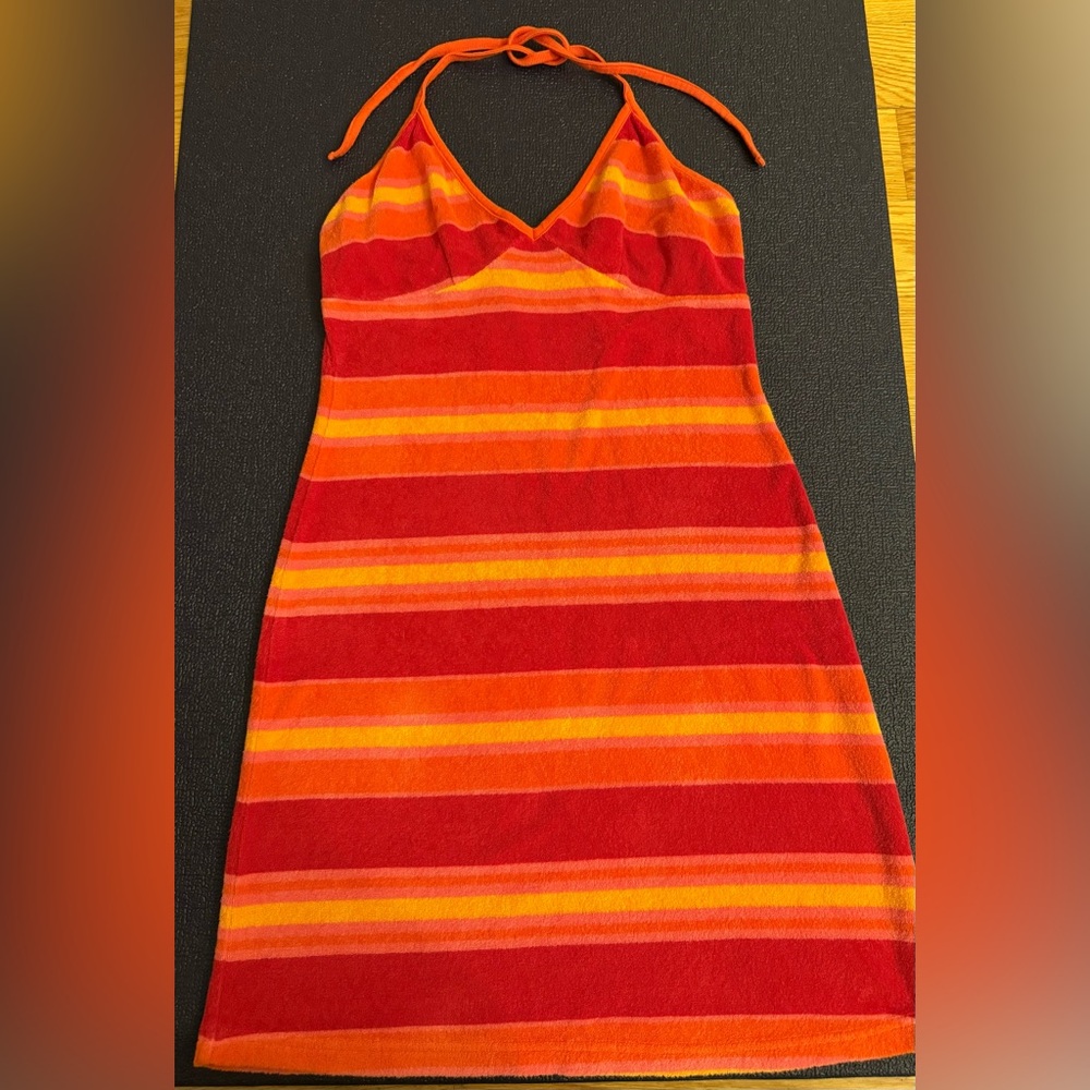 EXPRESS STRIPED TERRYCLOTH HALTER DRESS